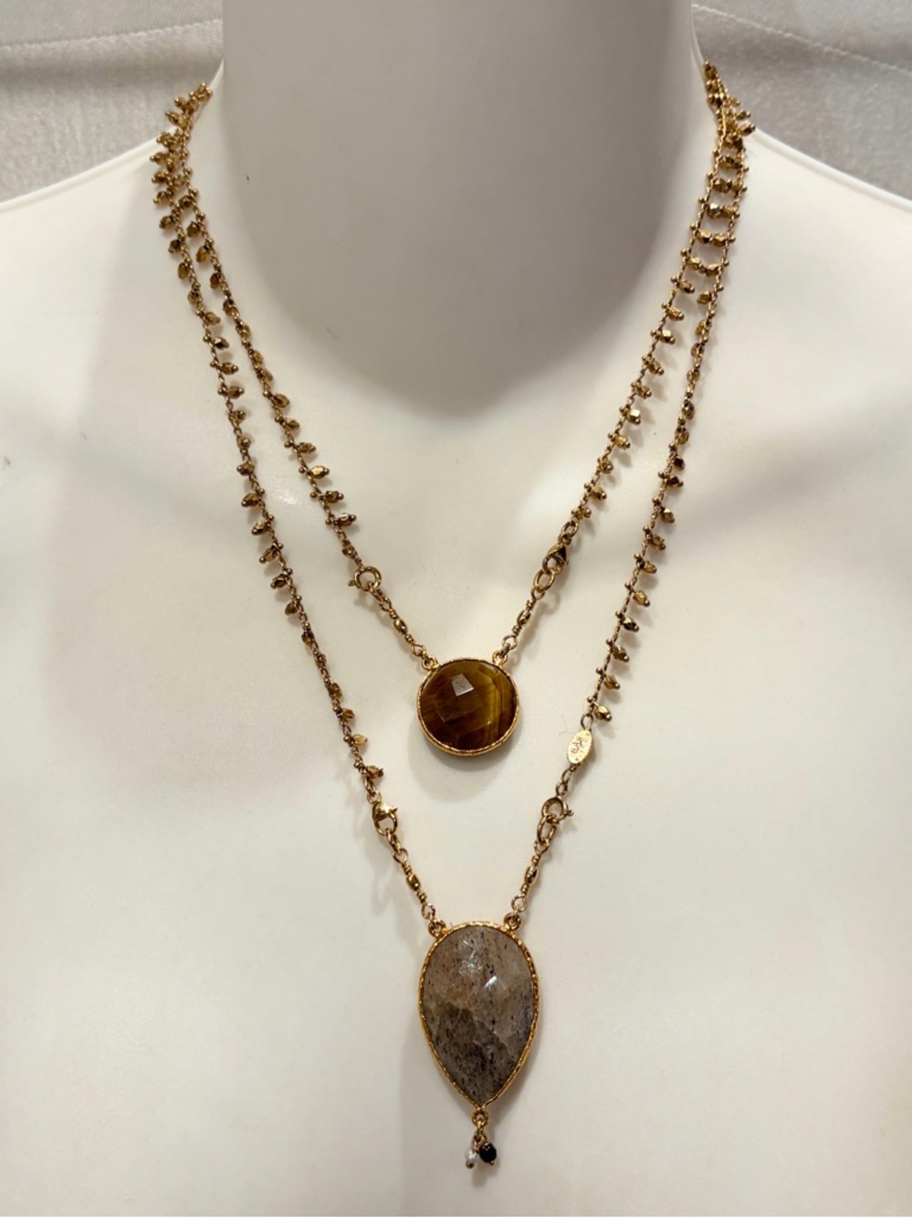 GAS BIJOUX Tiger's Eye & Quartz Gemstone Convertible Double Gold Chain Necklace